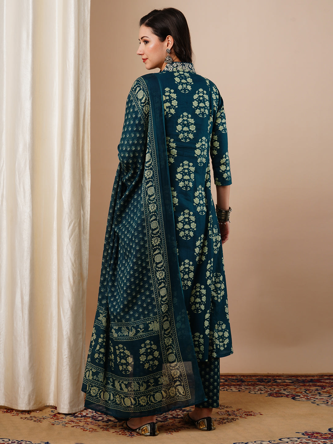 Ethnic Floral Printed A-Line Paneled Kurta with Pant and Dupatta - Teal Green