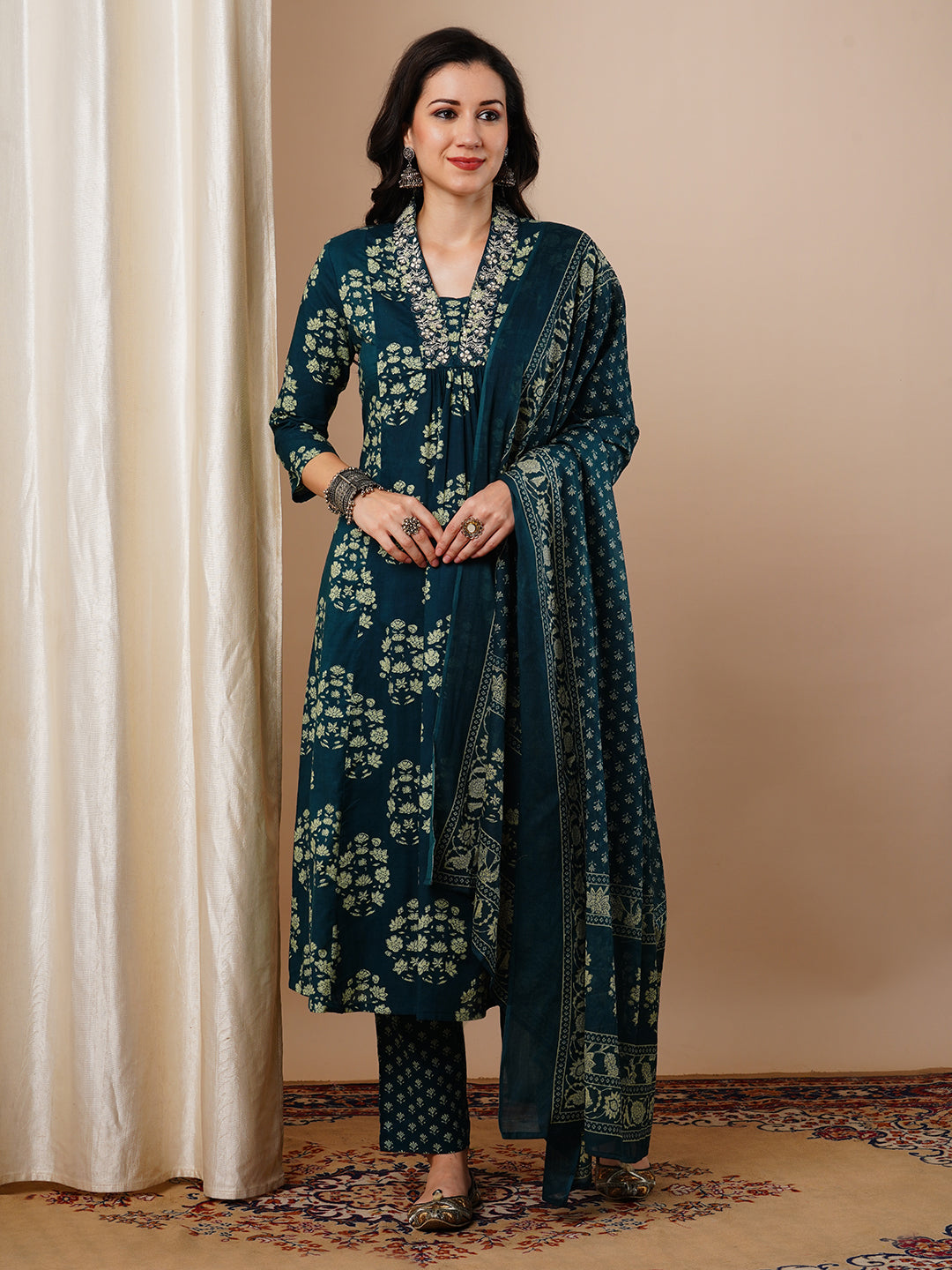 Ethnic Floral Printed A-Line Paneled Kurta with Pant and Dupatta - Teal Green