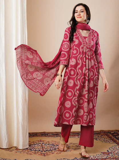 Ethnic Printed A-Line Paneled Kurta with Pant and Dupatta - Red