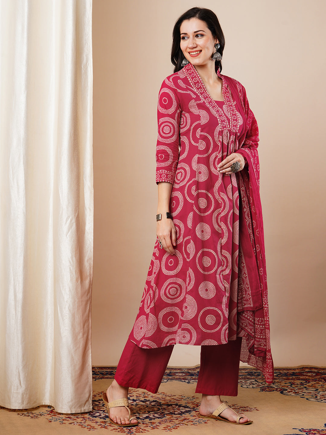 Ethnic Printed A-Line Paneled Kurta with Pant and Dupatta - Red