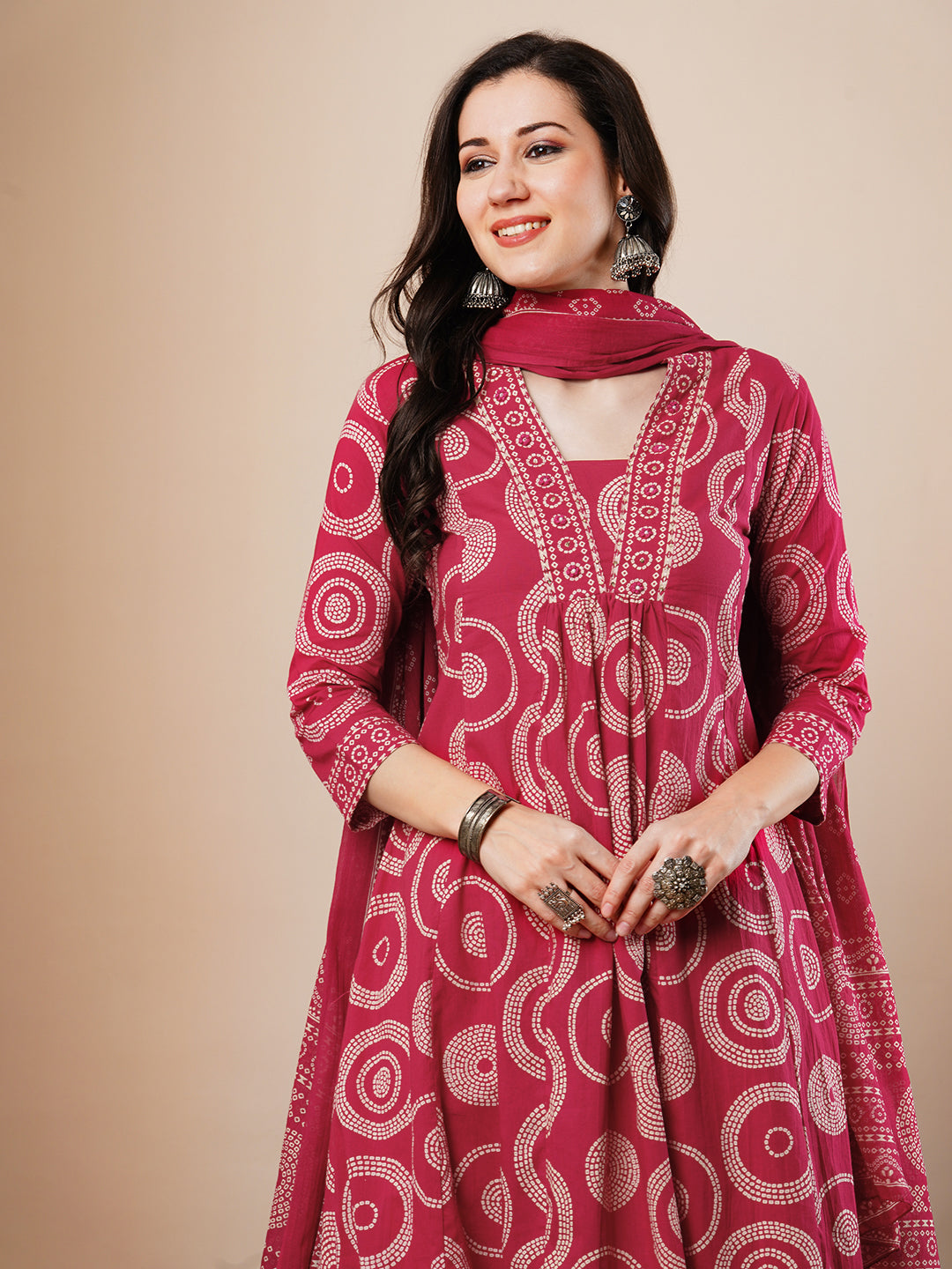 Ethnic Printed A-Line Paneled Kurta with Pant and Dupatta - Red