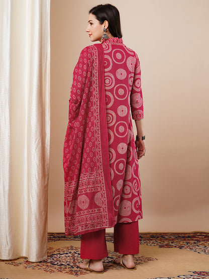 Ethnic Printed A-Line Paneled Kurta with Pant and Dupatta - Red