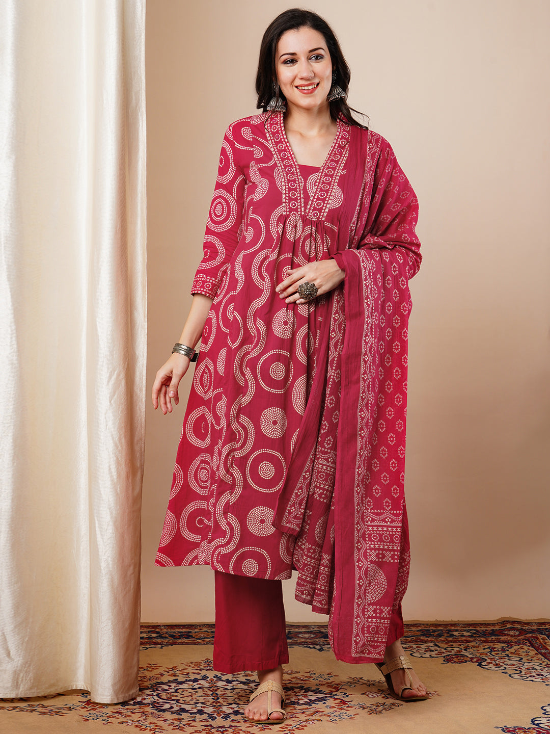 Ethnic Printed A-Line Paneled Kurta with Pant and Dupatta - Red