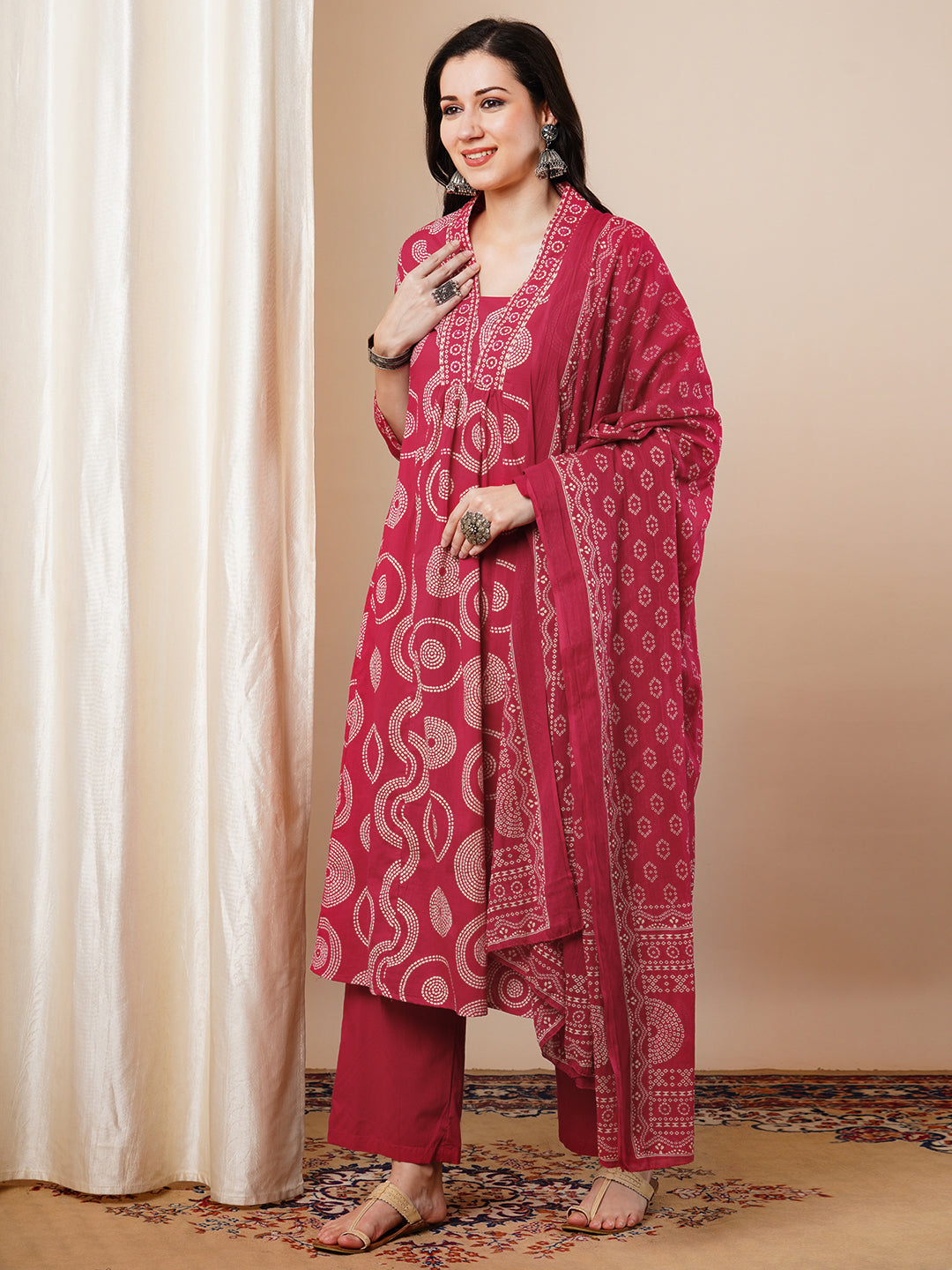 Ethnic Printed A-Line Paneled Kurta with Pant and Dupatta - Red