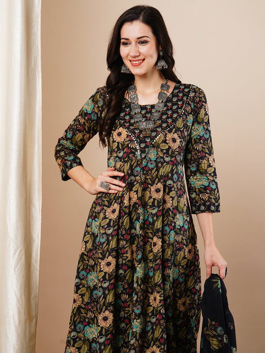 Ethnic Floral Printed Anarkali Flared Kurta with Pant & Dupatta - Black