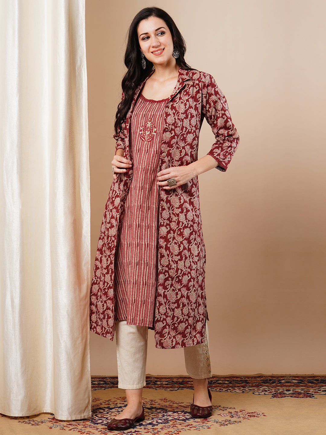 Ethnic Printed & Embroidered Straight Fit Kurta with Printed A-Line Jacket - Maroon