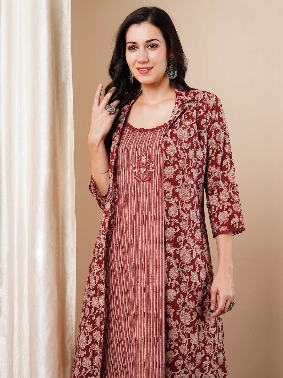 Ethnic Printed & Embroidered Straight Fit Kurta with Printed A-Line Jacket - Maroon