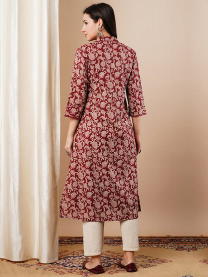 Ethnic Printed & Embroidered Straight Fit Kurta with Printed A-Line Jacket - Maroon