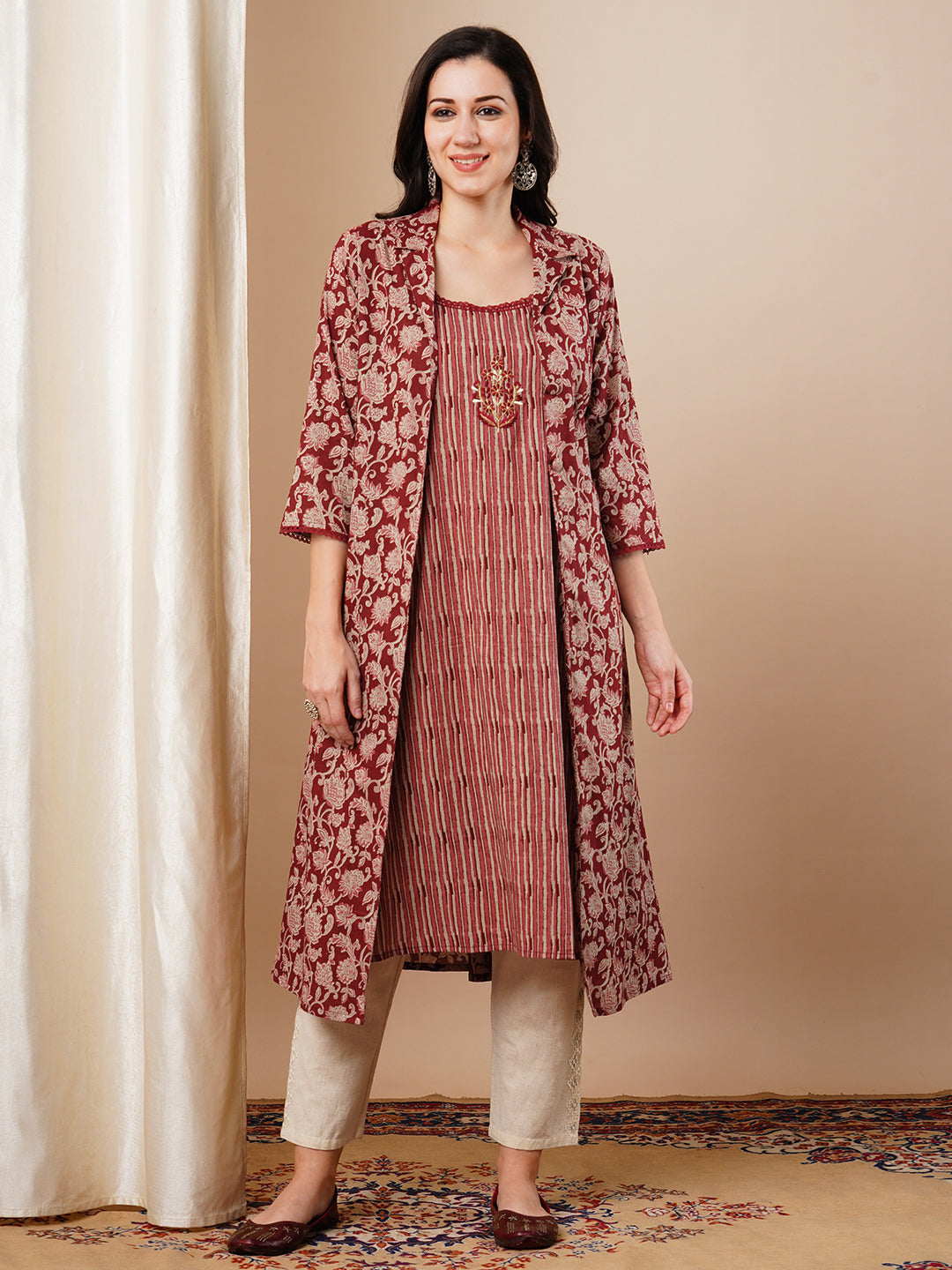 Ethnic Printed & Embroidered Straight Fit Kurta with Printed A-Line Jacket - Maroon