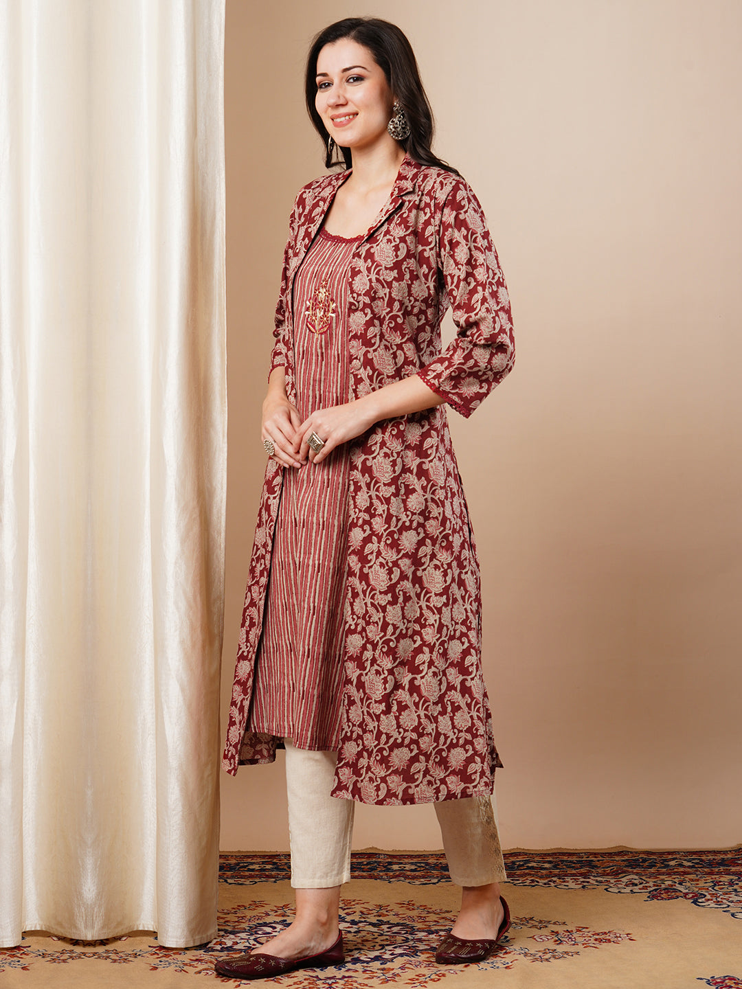 Ethnic Printed & Embroidered Straight Fit Kurta with Printed A-Line Jacket - Maroon