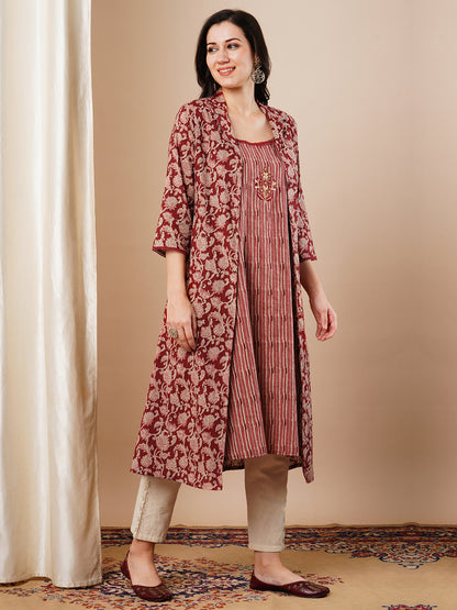 Ethnic Printed & Embroidered Straight Fit Kurta with Printed A-Line Jacket - Maroon