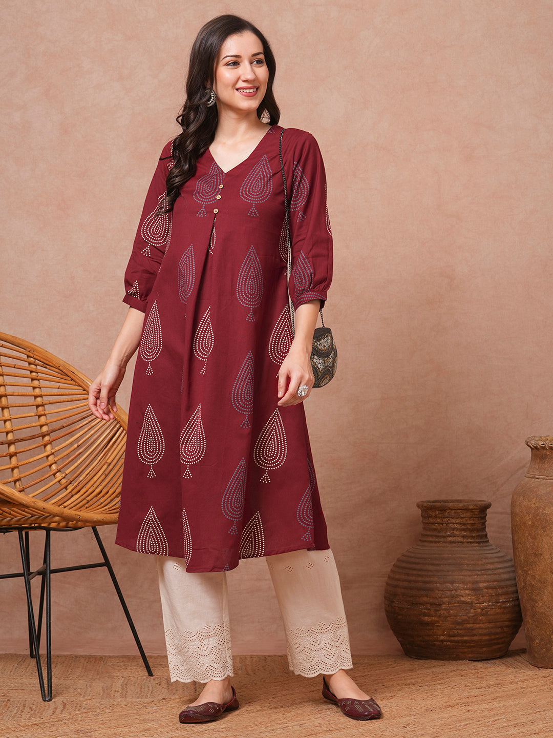 Ethnic Bandhani Printed A-Line Cotton Flax Kurta - Maroon