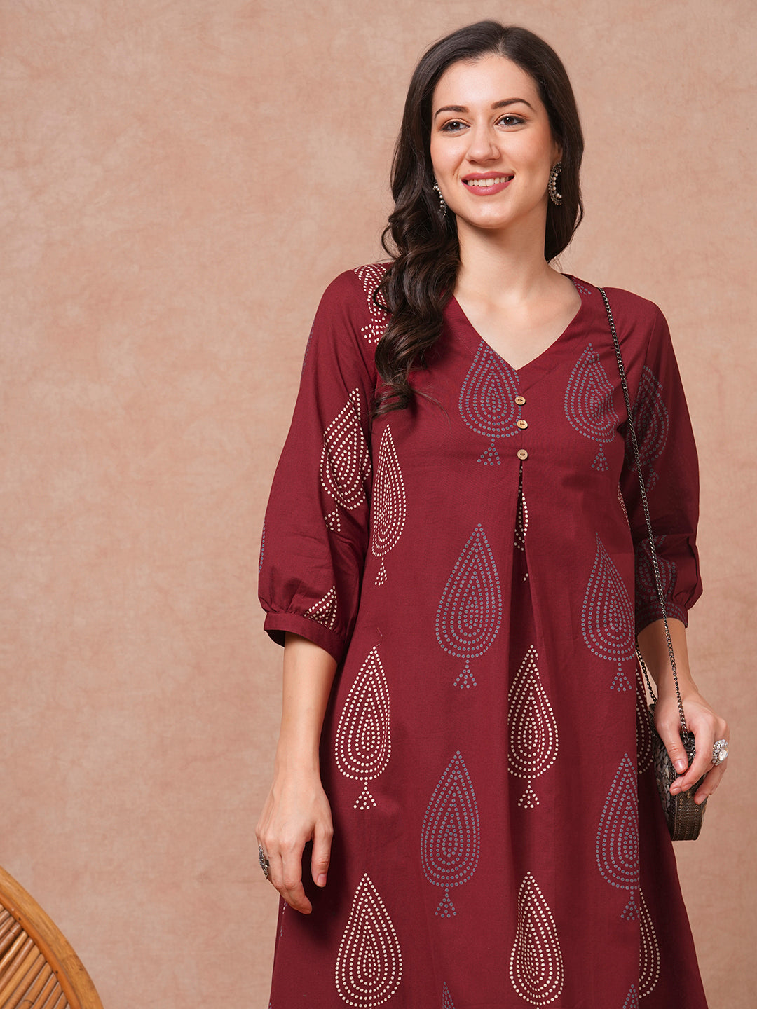 Ethnic Bandhani Printed A-Line Cotton Flax Kurta - Maroon