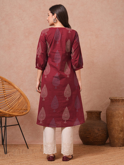 Ethnic Bandhani Printed A-Line Cotton Flax Kurta - Maroon