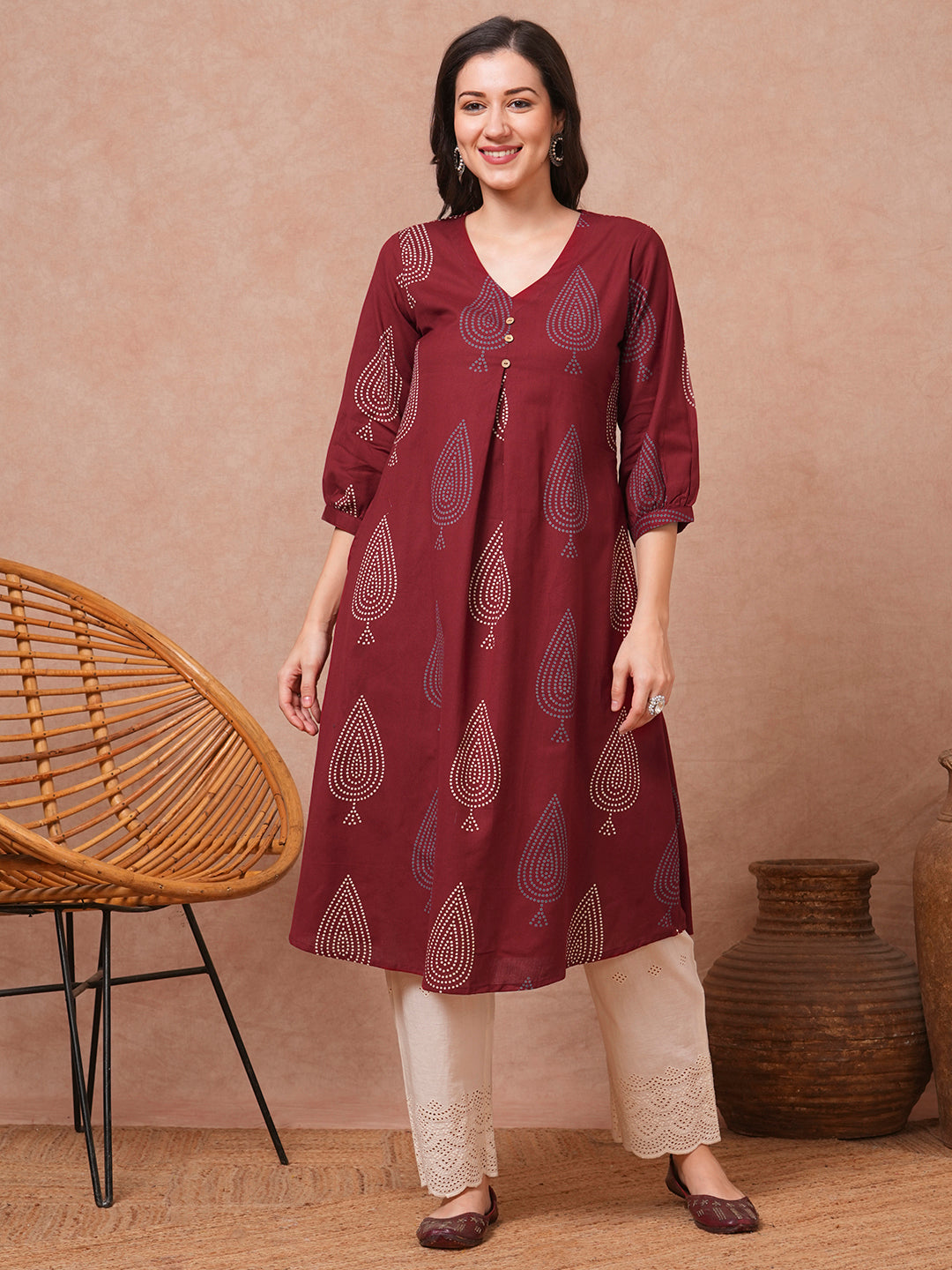 Ethnic Bandhani Printed A-Line Cotton Flax Kurta - Maroon