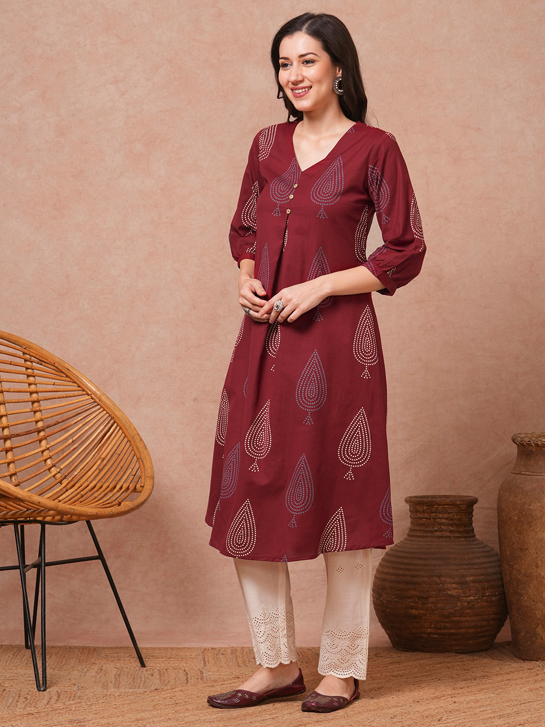 Ethnic Bandhani Printed A-Line Cotton Flax Kurta - Maroon