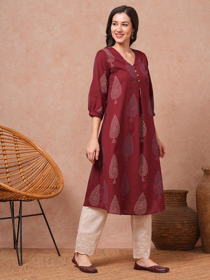 Ethnic Bandhani Printed A-Line Cotton Flax Kurta - Maroon