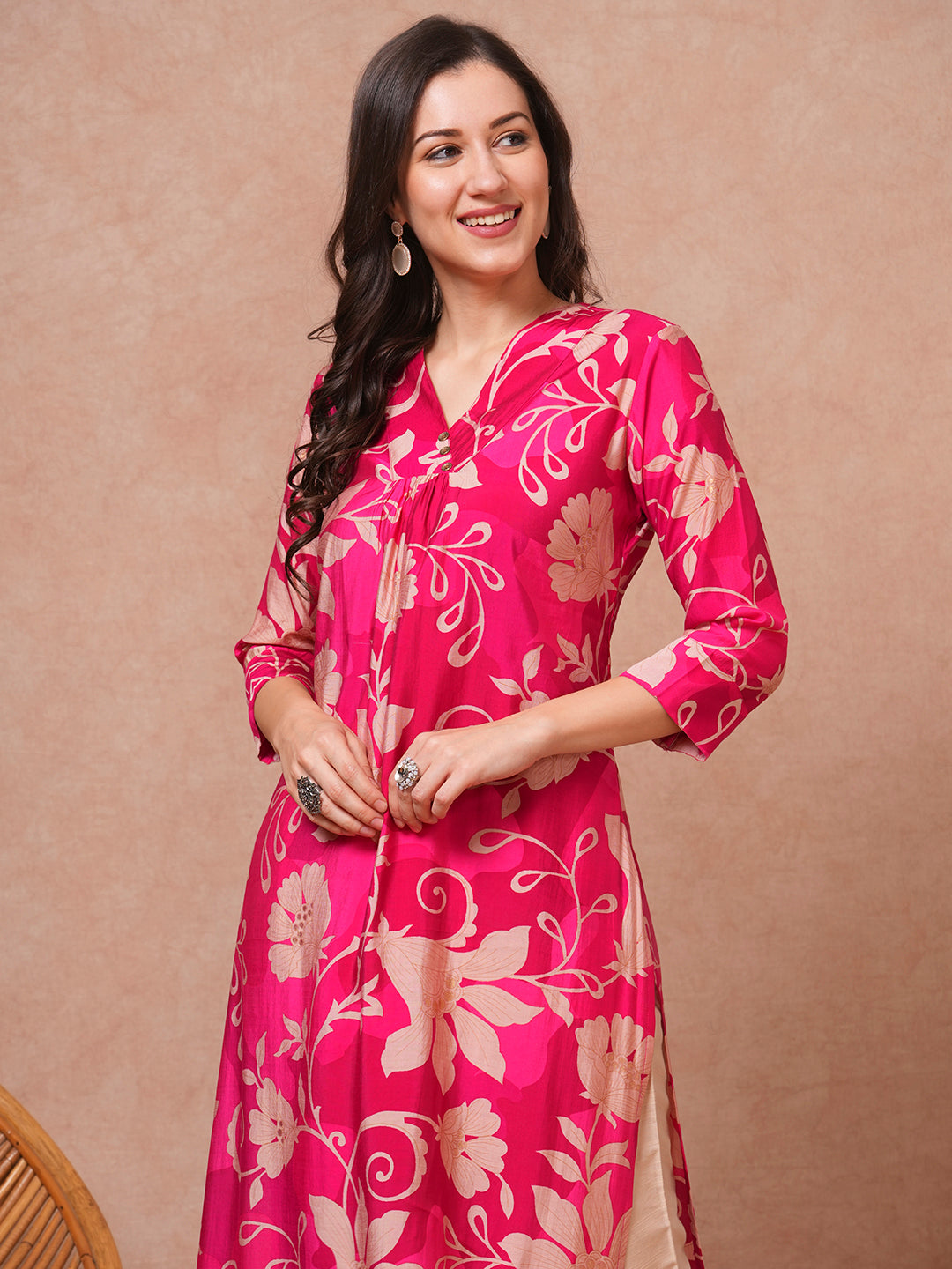 Ethnic Floral Printed Straight Fit Kurta - Pink