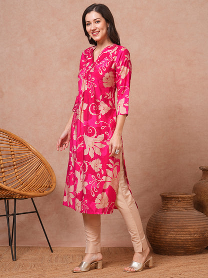 Ethnic Floral Printed Straight Fit Kurta - Pink