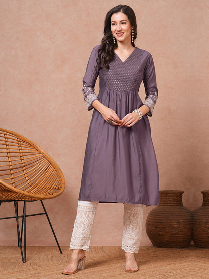 Solid Sequin Floral Embroidered A-Line Pleated Kurta - Lavender