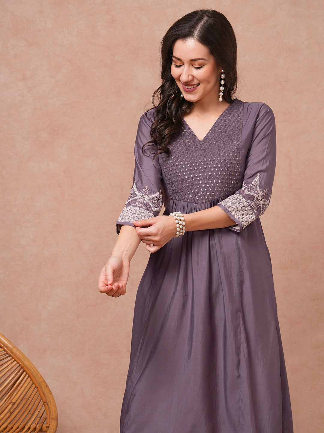 Solid Sequin Floral Embroidered A-Line Pleated Kurta - Lavender