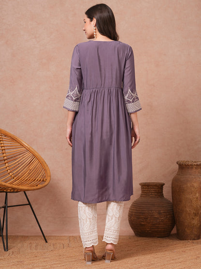 Solid Sequin Floral Embroidered A-Line Pleated Kurta - Lavender