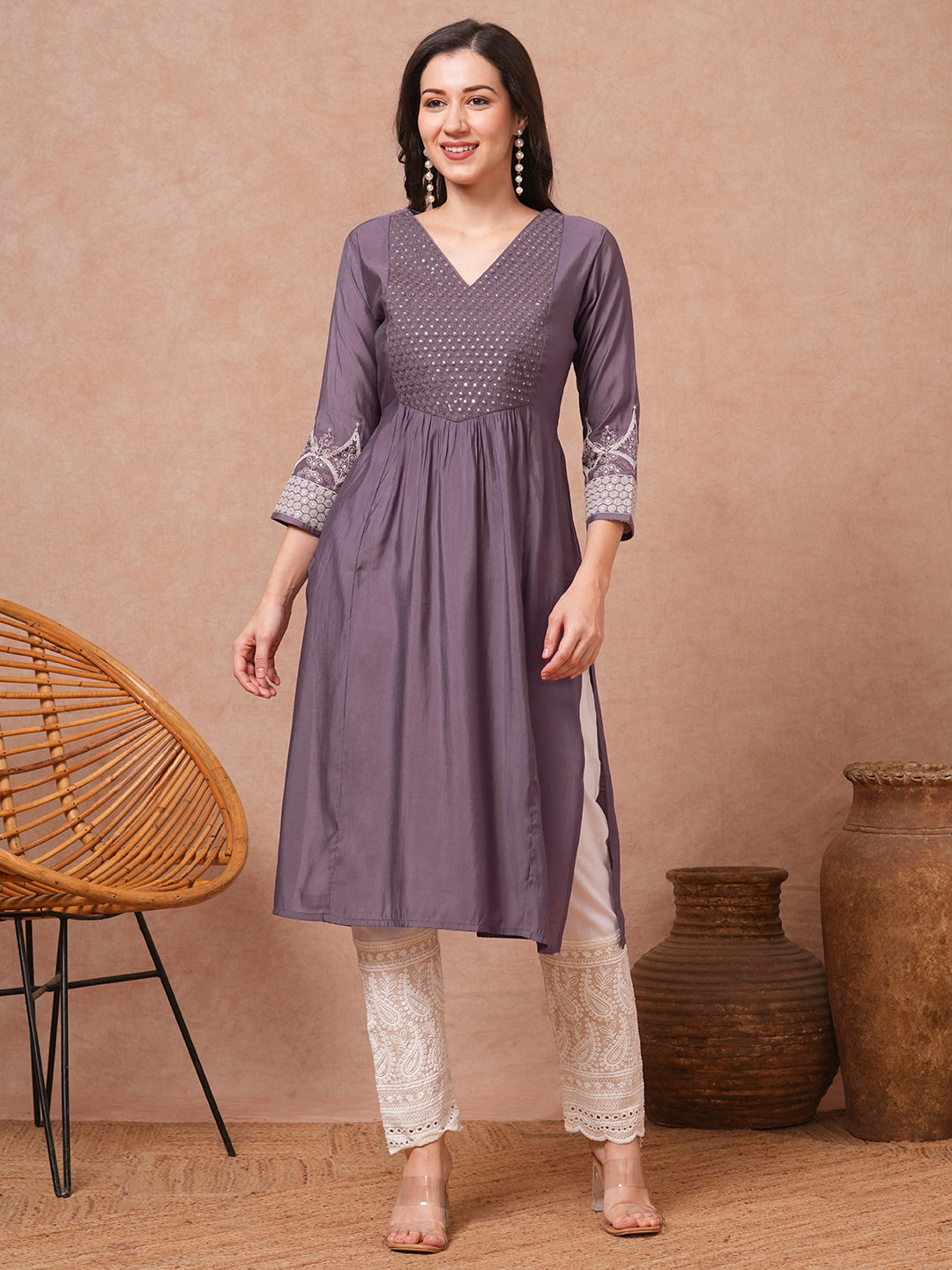 Solid Sequin Floral Embroidered A-Line Pleated Kurta - Lavender