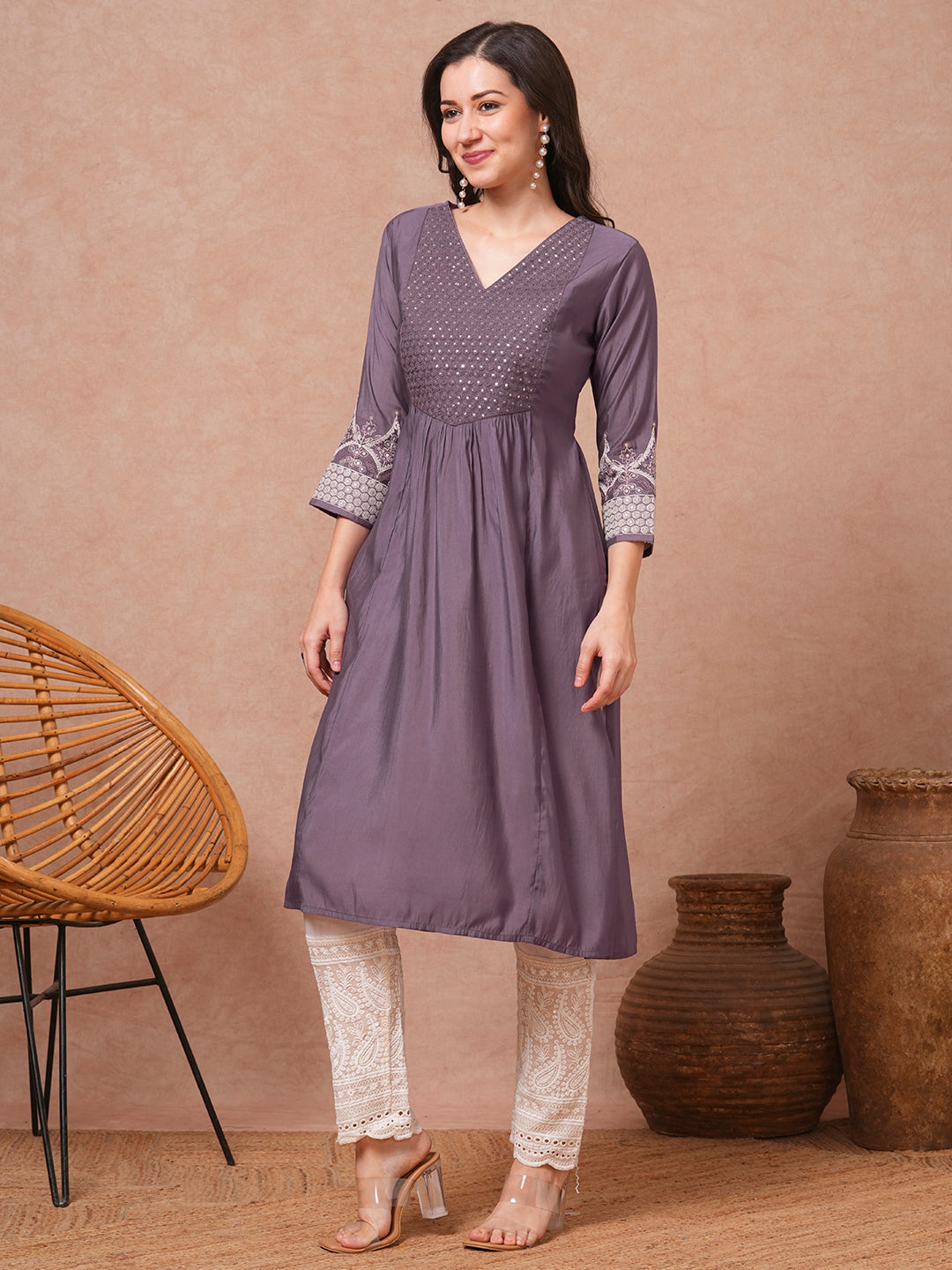 Solid Sequin Floral Embroidered A-Line Pleated Kurta - Lavender