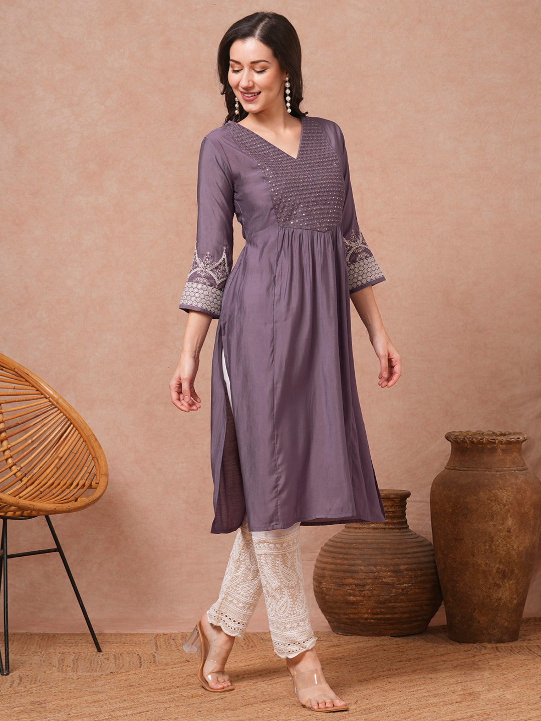 Solid Sequin Floral Embroidered A-Line Pleated Kurta - Lavender