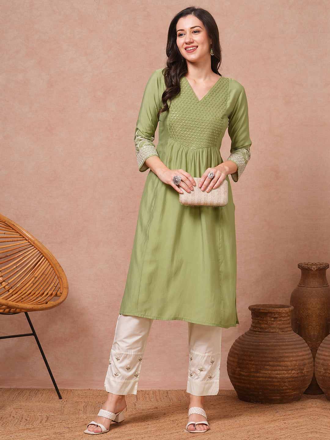 Solid Sequin Floral Embroidered A-Line Pleated Kurta - Green