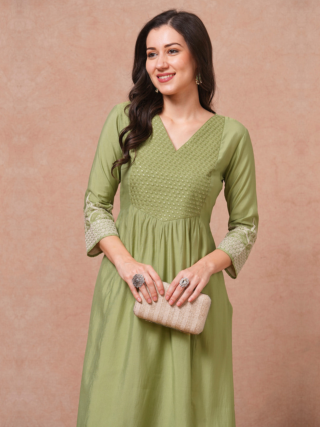 Solid Sequin Floral Embroidered A-Line Pleated Kurta - Green