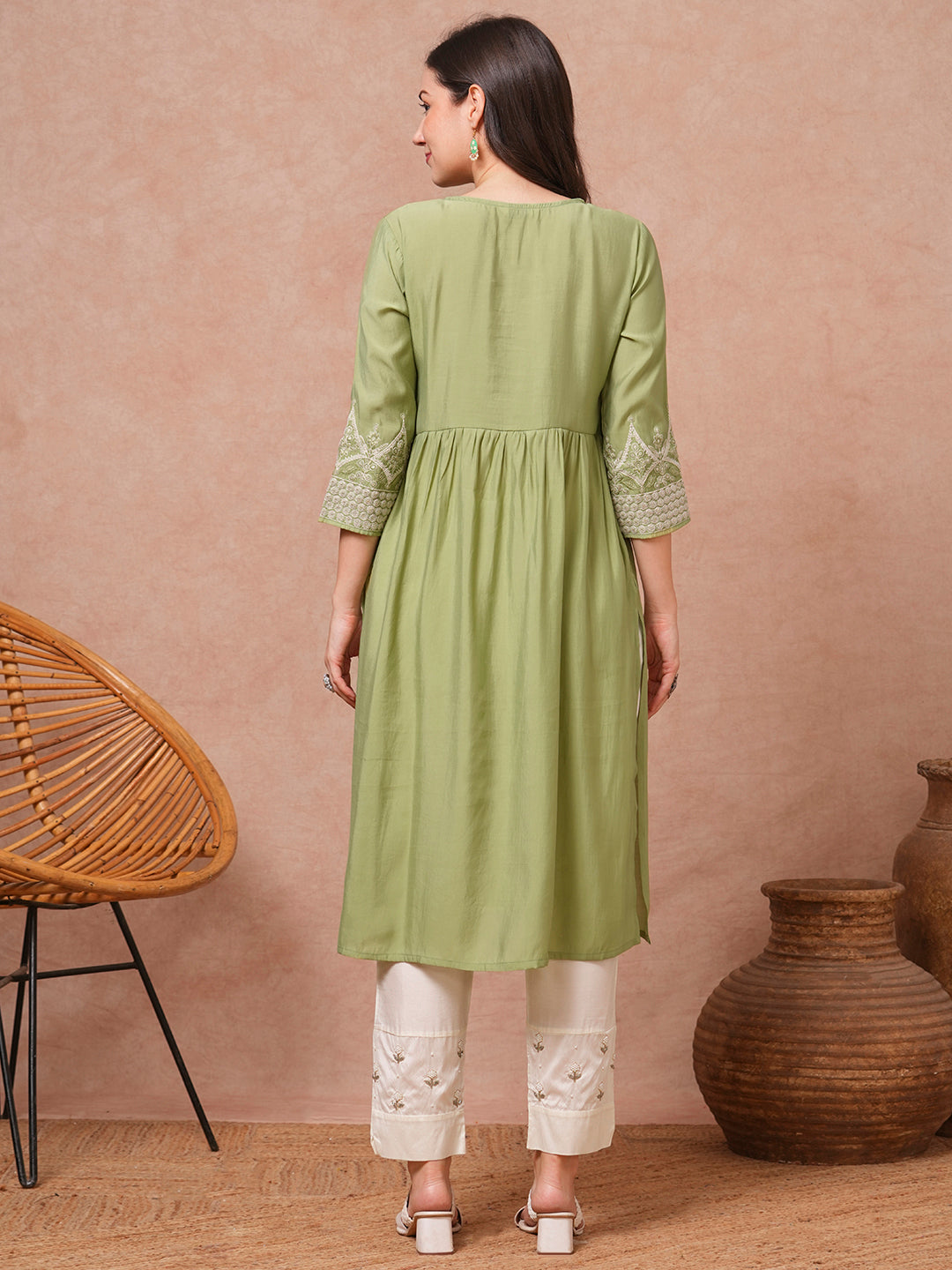 Solid Sequin Floral Embroidered A-Line Pleated Kurta - Green