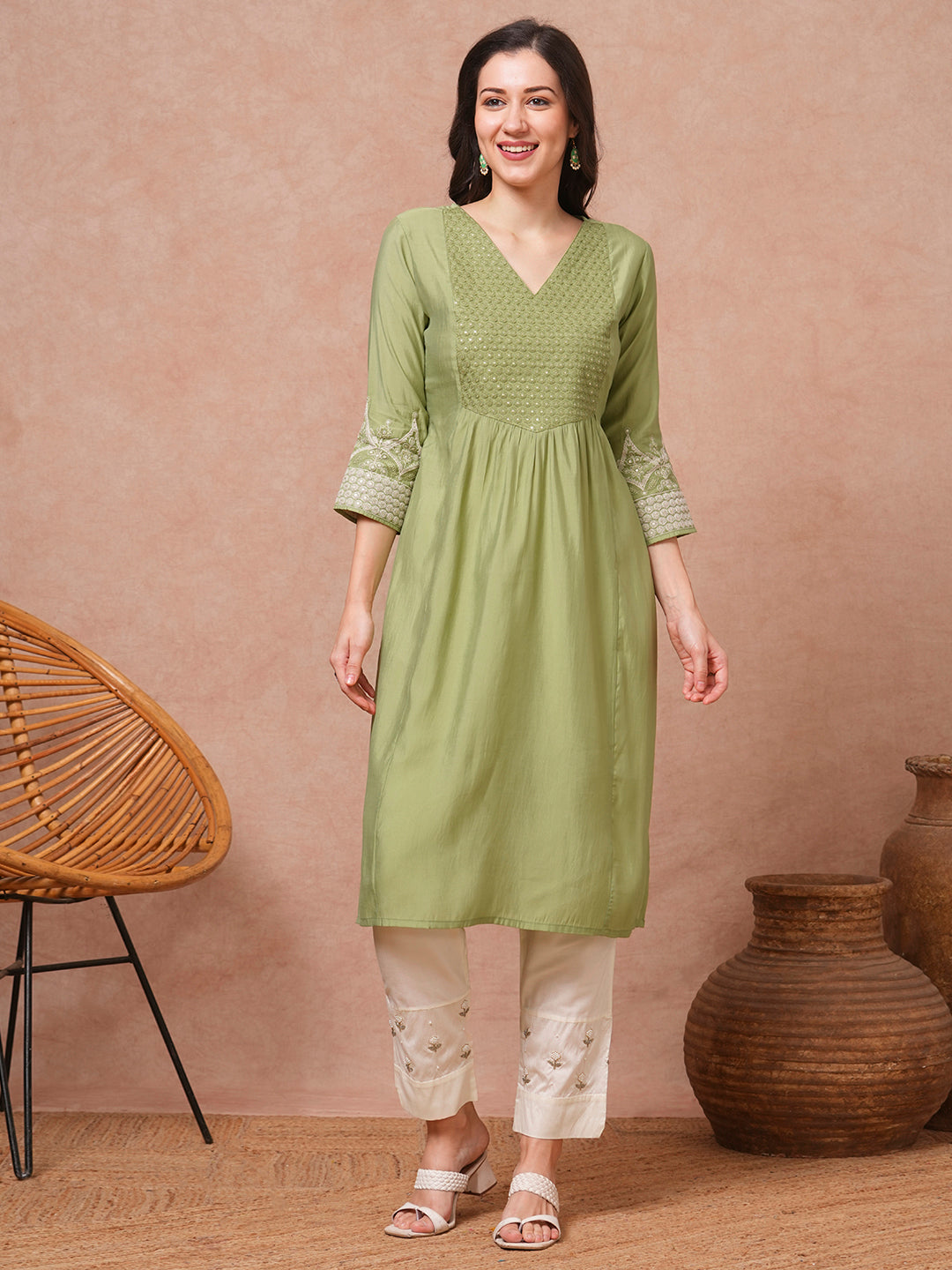 Solid Sequin Floral Embroidered A-Line Pleated Kurta - Green