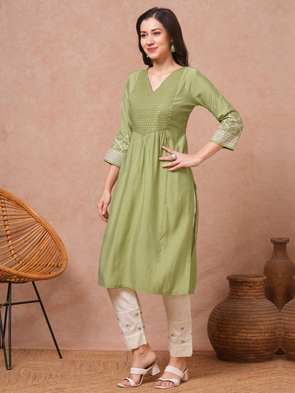 Solid Sequin Floral Embroidered A-Line Pleated Kurta - Green