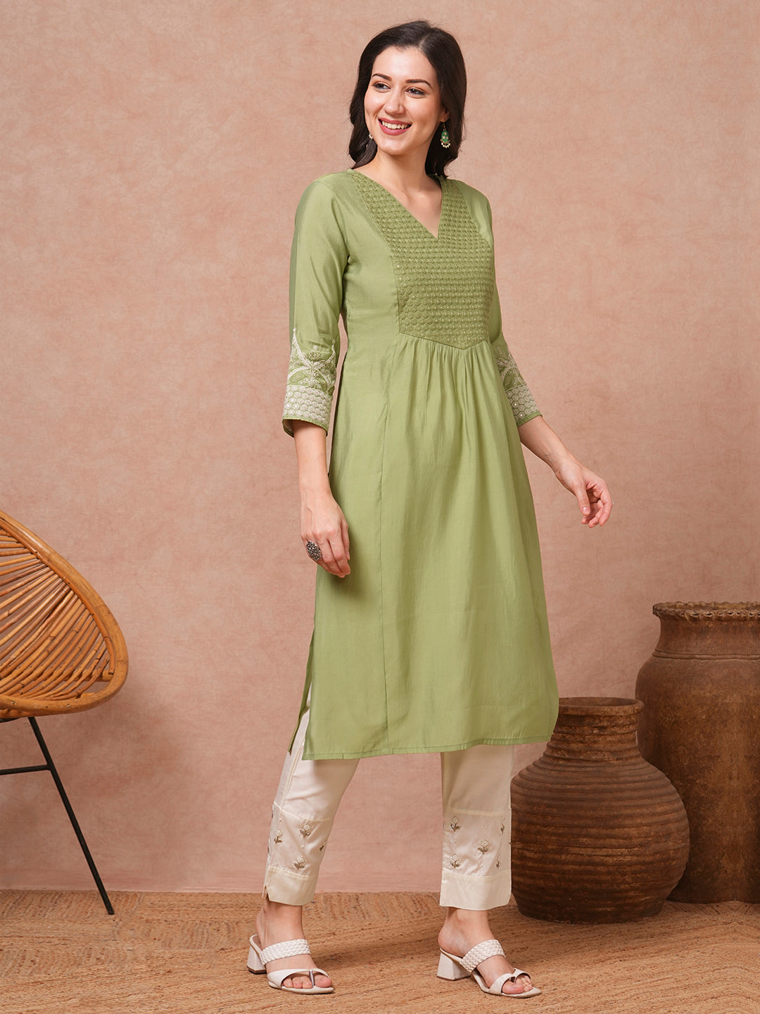 Solid Sequin Floral Embroidered A-Line Pleated Kurta - Green