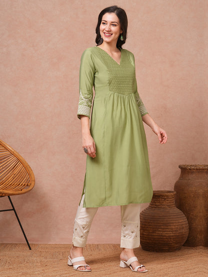 Solid Sequin Floral Embroidered A-Line Pleated Kurta - Green