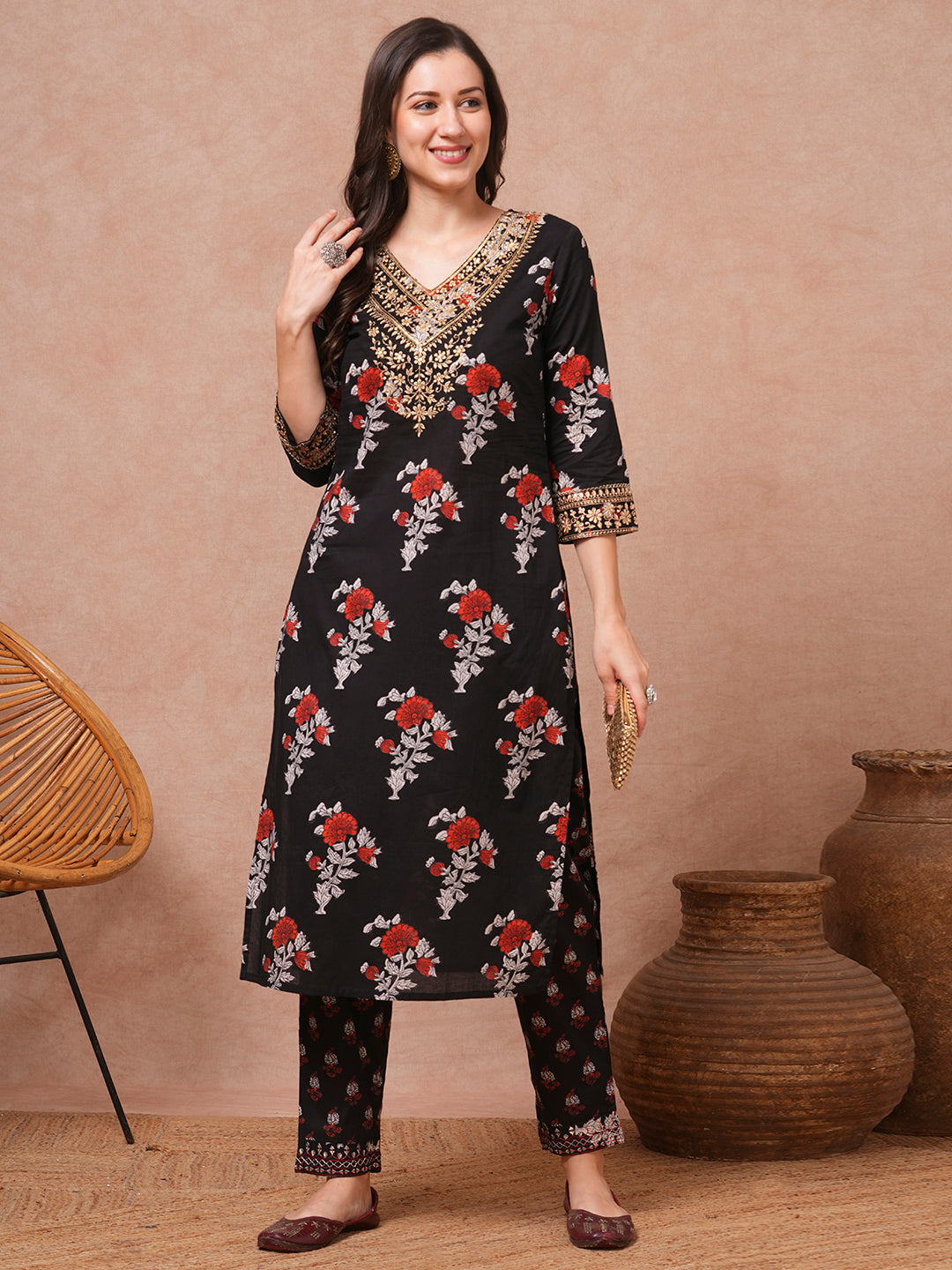 Ethnic Block Printed & Embroidered Straight Fit Kurta with Pant - Black