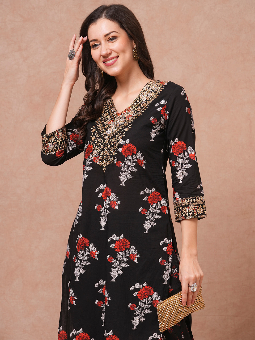 Ethnic Block Printed & Embroidered Straight Fit Kurta with Pant - Black