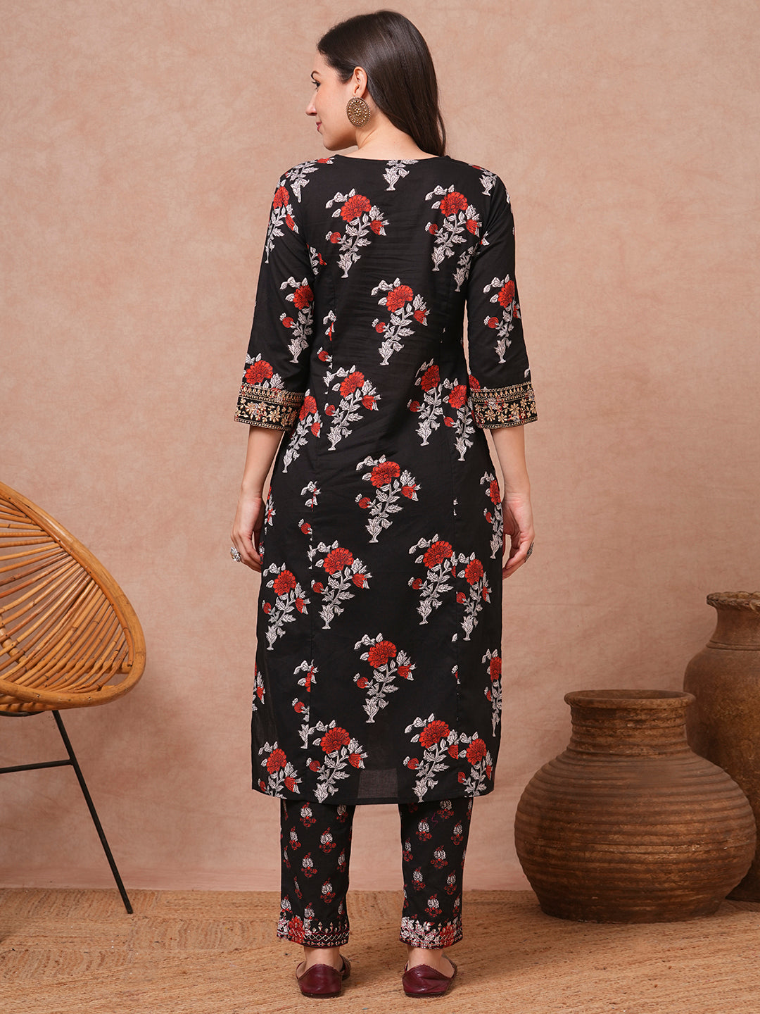 Ethnic Block Printed & Embroidered Straight Fit Kurta with Pant - Black