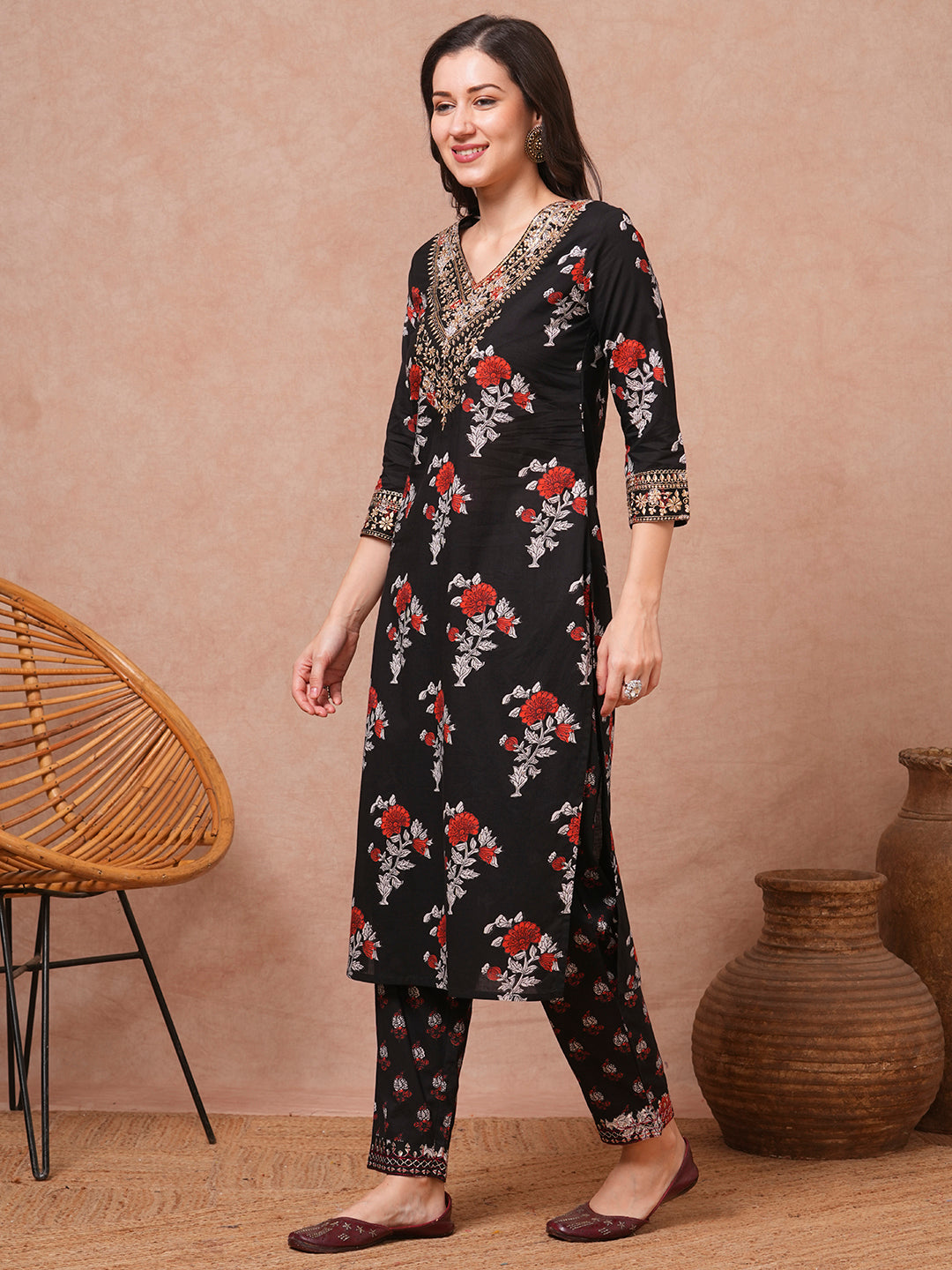 Ethnic Block Printed & Embroidered Straight Fit Kurta with Pant - Black