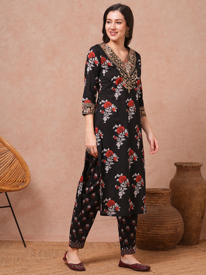 Ethnic Block Printed & Embroidered Straight Fit Kurta with Pant - Black