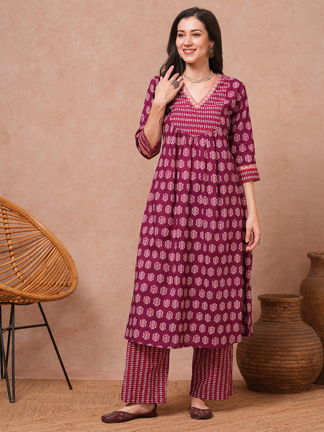 Ethnic Printed A-Line Pleated Kurta with Pant - Purple