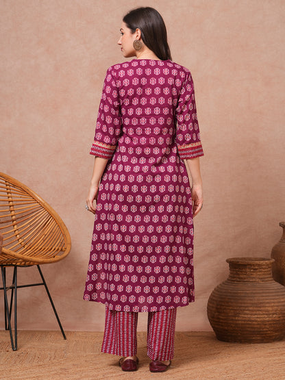 Ethnic Printed A-Line Pleated Kurta with Pant - Purple