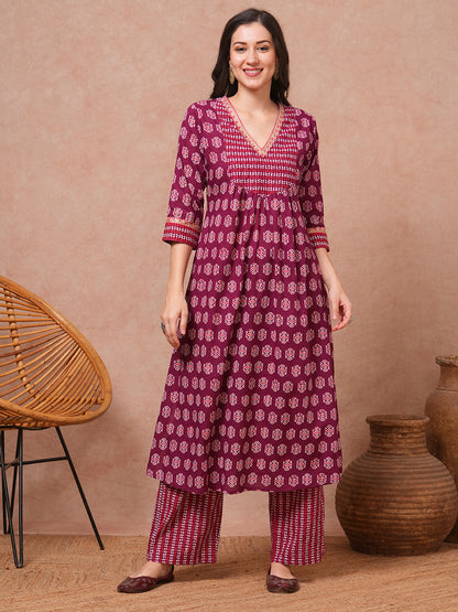 Ethnic Printed A-Line Pleated Kurta with Pant - Purple