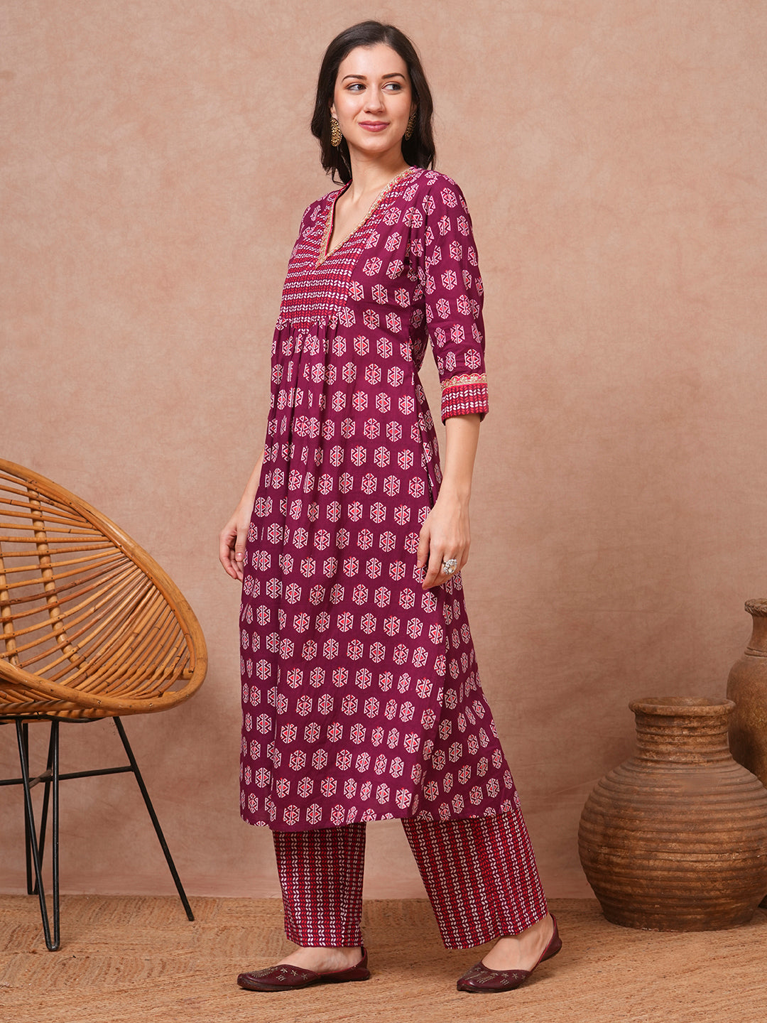 Ethnic Printed A-Line Pleated Kurta with Pant - Purple