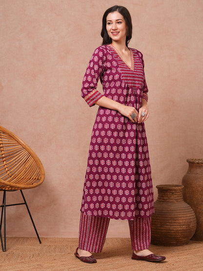 Ethnic Printed A-Line Pleated Kurta with Pant - Purple