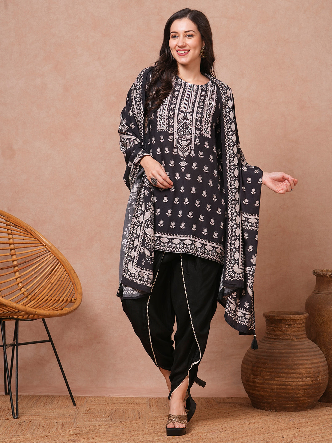 Ethnic Floral Printed & Embroidered Straight Fit Kurta with Dhoti Pant and Dupatta - Black