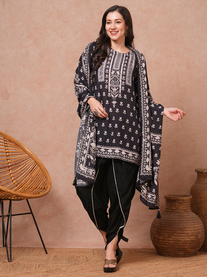 Ethnic Floral Printed & Embroidered Straight Fit Kurta with Dhoti Pant and Dupatta - Black