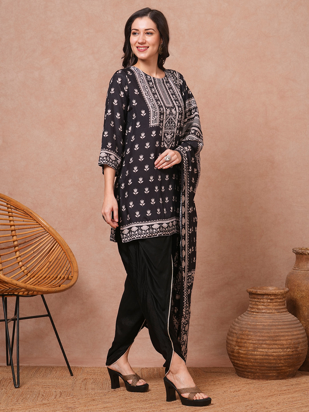 Ethnic Floral Printed & Embroidered Straight Fit Kurta with Dhoti Pant and Dupatta - Black