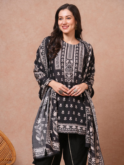 Ethnic Floral Printed & Embroidered Straight Fit Kurta with Dhoti Pant and Dupatta - Black